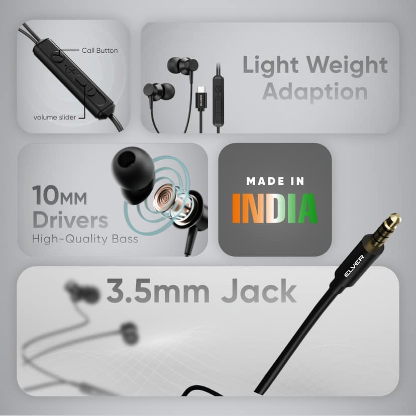 Elver Flow 3.5mm Wired Earphones with Mic, 10mm Drivers, Tangle-Free Cable, IPX5 Rated - Black view 3
