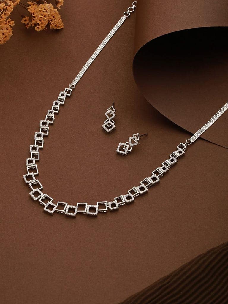 Silver Plated AD Studded Minimal Geometric Necklace Jewellery Set view 2