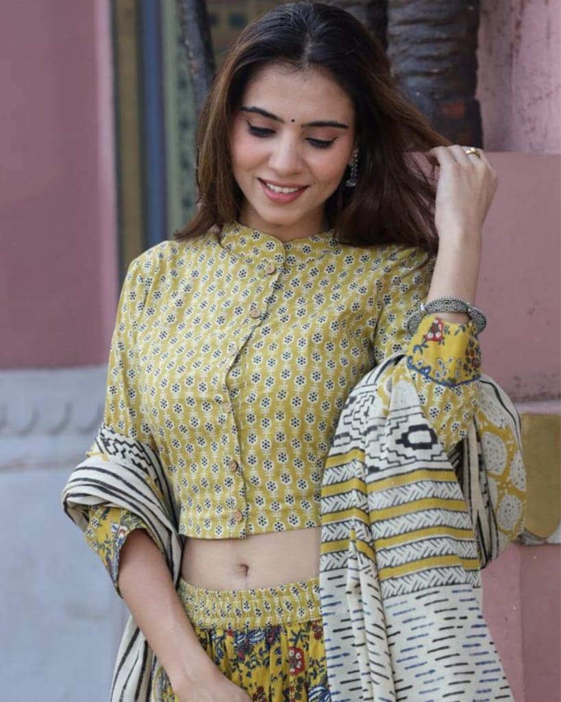 Handblock Printed Cotton Lehanga And Top With Mulmul Dupatta (Size 34-46) Mustard Yellow Color-4484 view 2