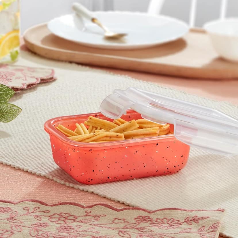 Borosil 370 ml Kube Pink Food Storage Container with Air Tight Lid | Rectangle Shape Borosilicate Glass Organiser | Microwave & Dishwasher Safe | For Fridge, Kitchen Storage