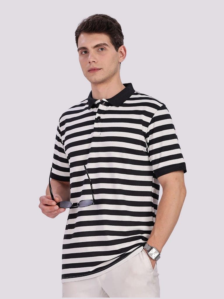 Puff Cotton Black & White Striped Polo view 4