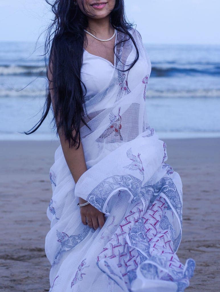 Kaisori Bagh Kingfisher black and red blockprinted white Kota cotton silk saree view 10