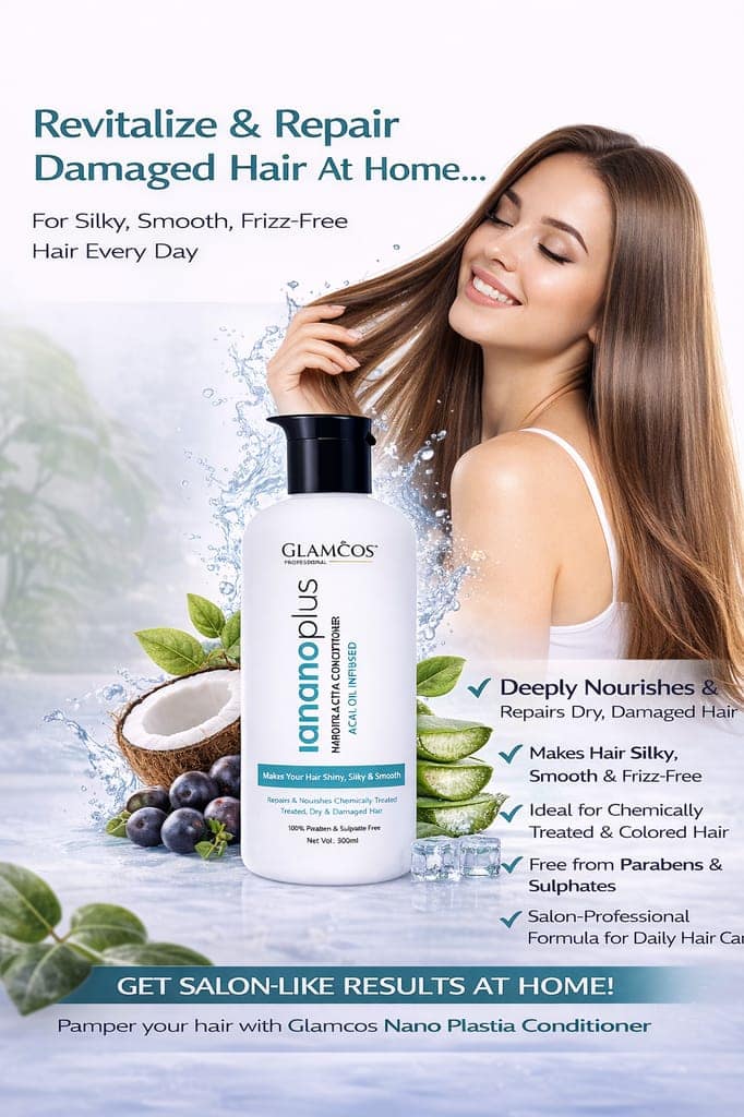 Glamcos Professional Nano Plastia Hair Conditioner | Acai Oil Infused | Deep Nourishing & Repair Conditioner for Chemically Treated & Damaged Hair | Smooth, Silky & Frizz-Free | Sulphate & Paraben Free – 300ml view 5