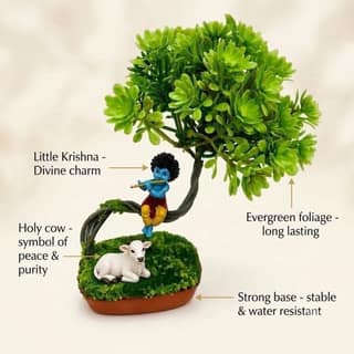Little Krishna with Cow under Bonsai Tree Figurine – Decorative Showpiece for Car Dashboard, Office Desk & Home Decor (16 cm x 10 cm)