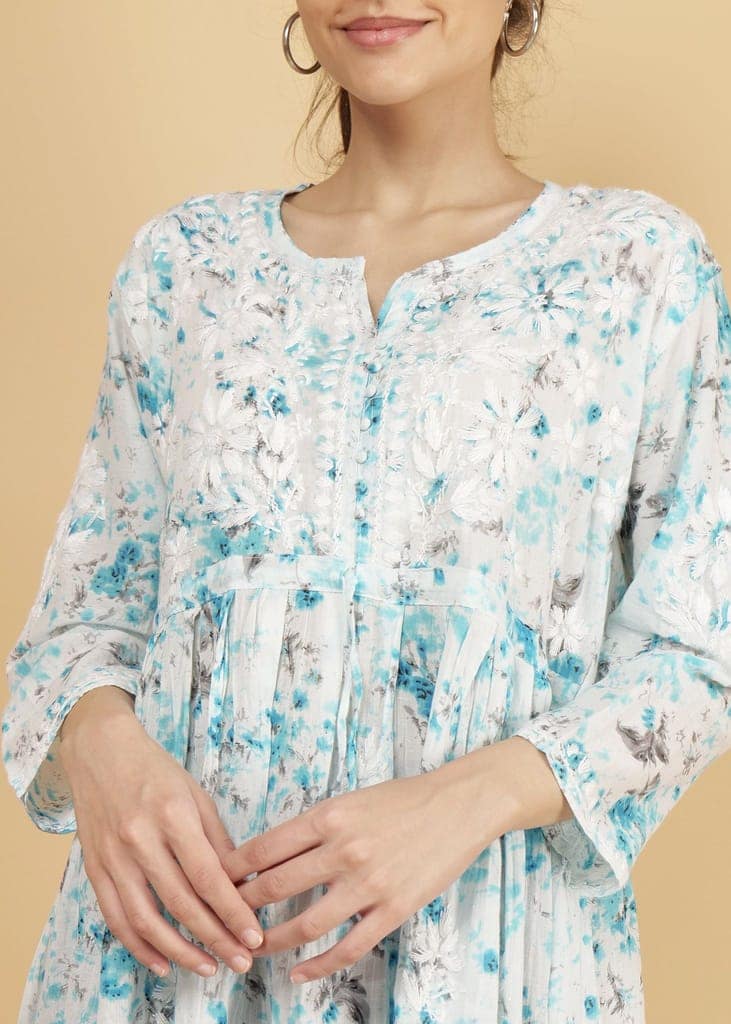 Mulmul Short Frock Style Kurti - Floral Print Blue view 6