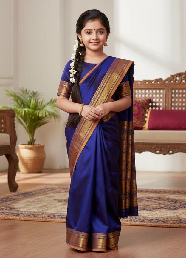 Mom and Me Kids Ready-to-Wear Belgaon Silk Ethnic Saree with Golden Zari Border (Blue) view 2