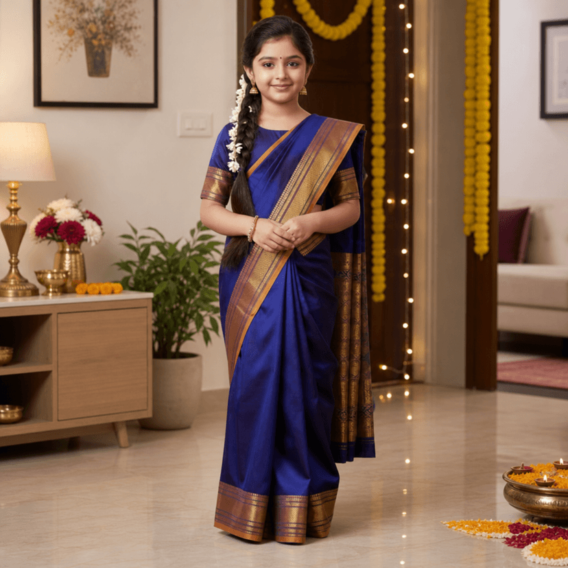Mom and Me Kids Ready-to-Wear Belgaon Silk Ethnic Saree with Golden Zari Border (Blue) view 3