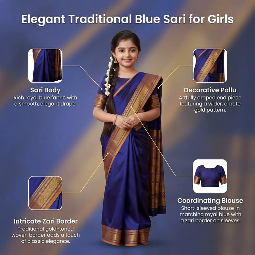 Mom and Me Kids Ready-to-Wear Belgaon Silk Ethnic Saree with Golden Zari Border (Blue) view 4