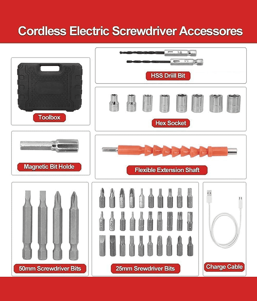Cordless Electric Screwdriver Drill with Built-in LED Rechargeable Wireless Drill Machine Kit Power Drill Screw Tool, Accessories (47 IN 1 Cordless Electric Screwdriver set) view 2