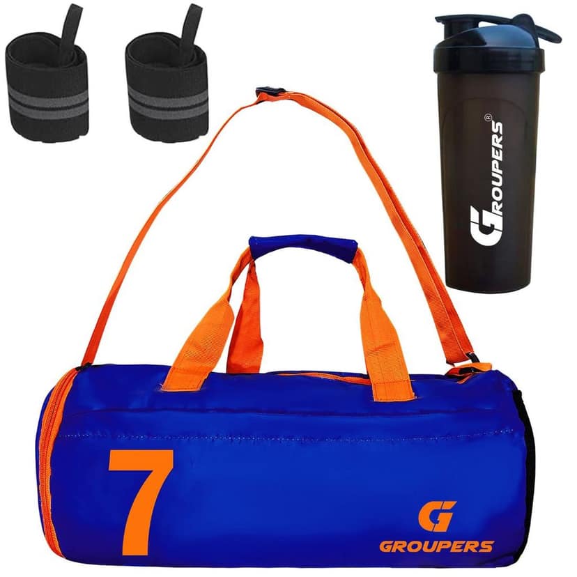 GROUPERS Combo Set of Duffle Polyester Bag with Shaker Bottle-700ml & Wrist Band (Blue 07)