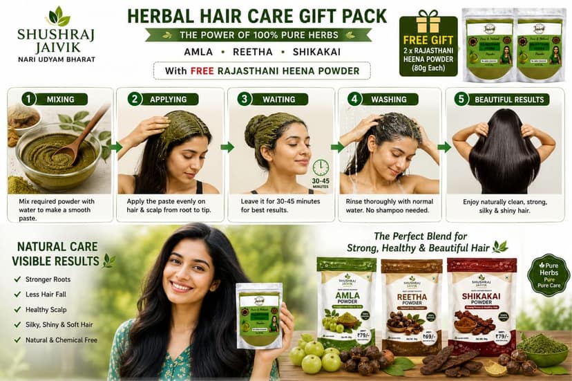 Shushraj Jaivik Hair Care Gift Pack with FREE Rajasthani Heena Powder | Amla Reetha Shikakai Combo | 640g view 2