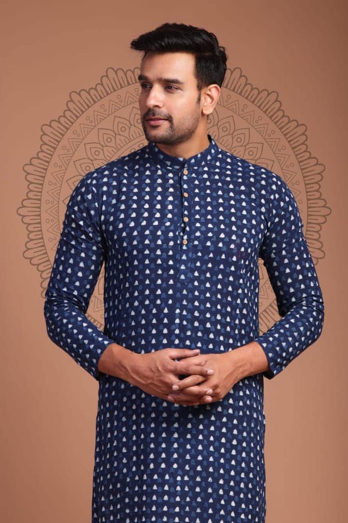 Cotton Designer Men'S Kurta Bagru Printed Hand Printed Blue Color (Size: 38-44)-3491 view 2