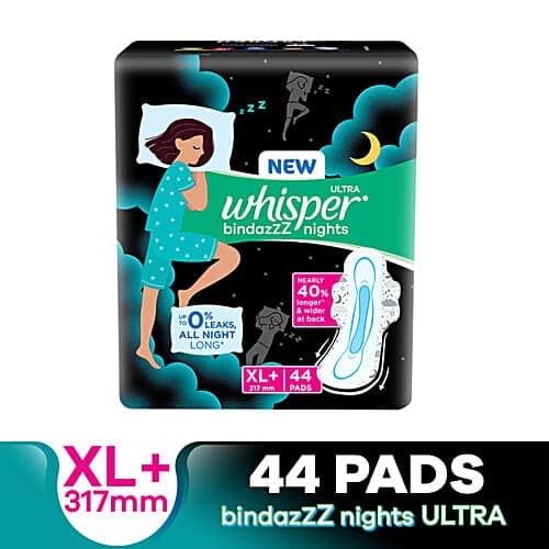 Whisper Bindazzz Nights Sanitary Pads - Wider Back, Up To 0% Leak, Provides All Night Protection, XL+, 44 pcs