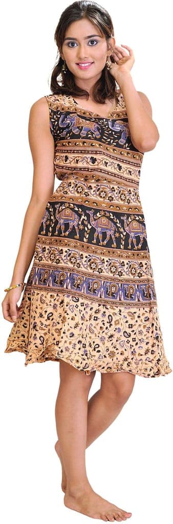 Peach And Amparo Sanganeri Summer Dress with Printed Camels and Elephants