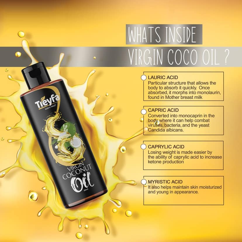 Treyfa Virgin coconut oil for hair, skin & cooking | Natural Raw Pure Organic Coconut Oil, Non-GMO, Unrefined & Cold Pressed oil for menं & womenं(30ml) view 3