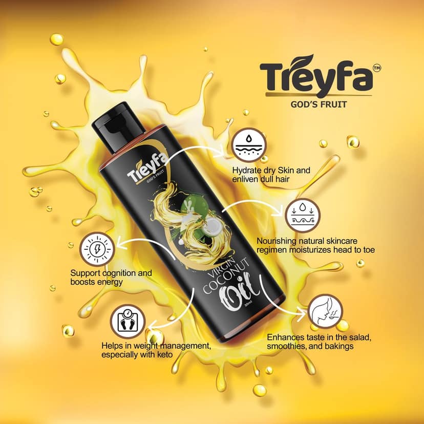 Treyfa Virgin coconut oil for hair, skin & cooking | Natural Raw Pure Organic Coconut Oil, Non-GMO, Unrefined & Cold Pressed oil for menं & womenं(30ml) view 4