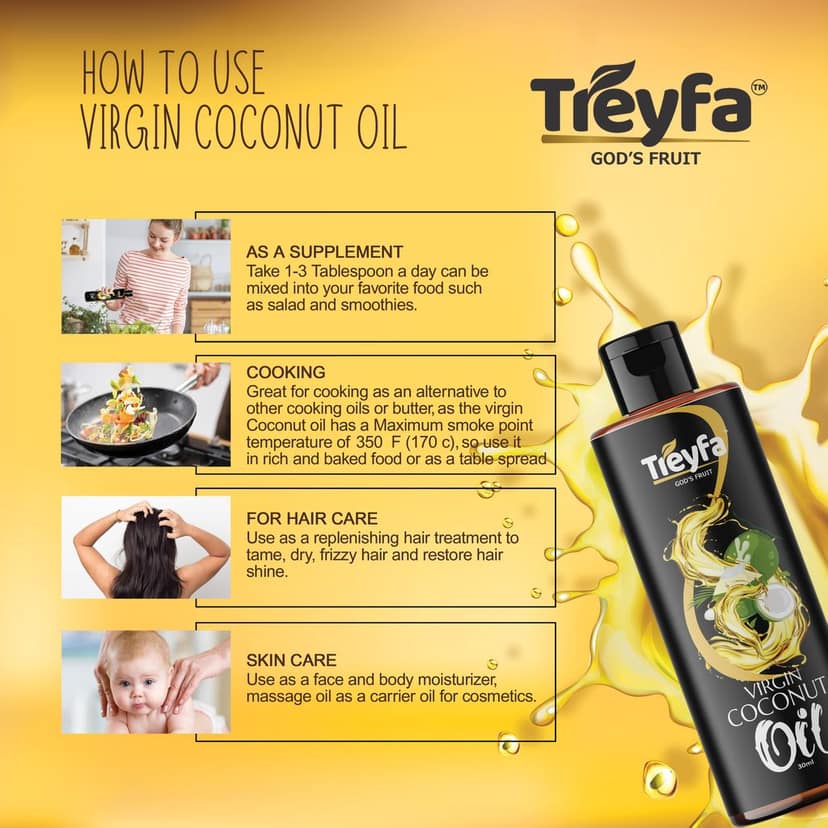 Treyfa Virgin coconut oil for hair, skin & cooking | Natural Raw Pure Organic Coconut Oil, Non-GMO, Unrefined & Cold Pressed oil for menं & womenं(30ml) view 6
