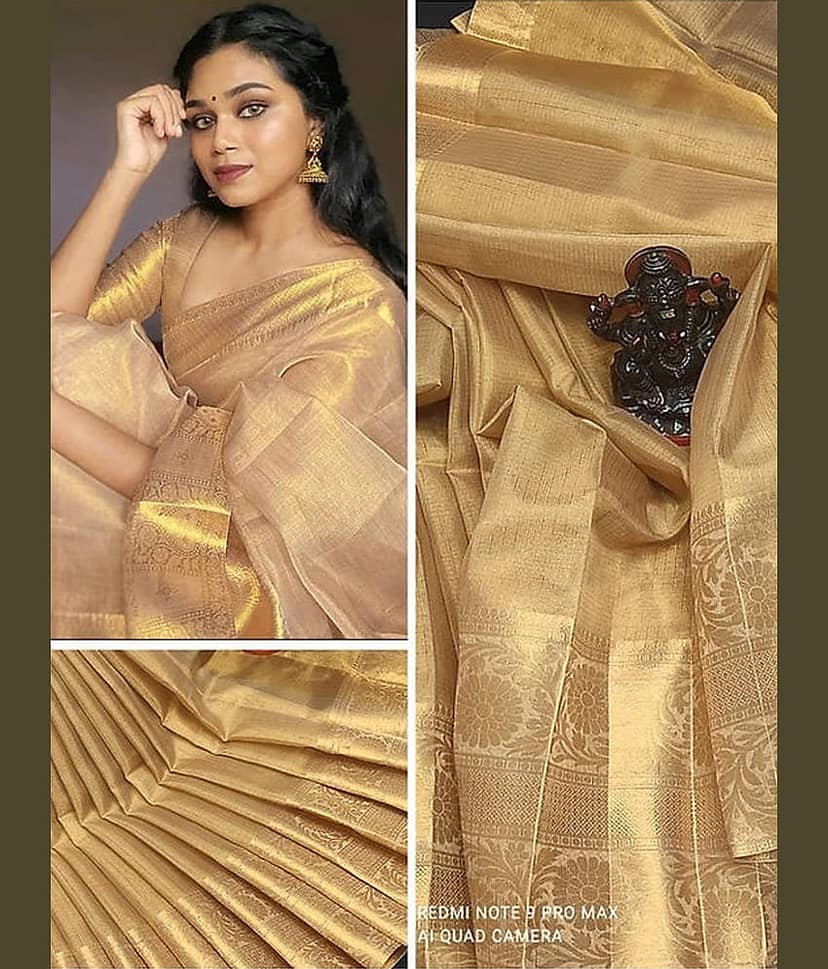 Villagius Tissue Woven Kota Doria Saree With Unstitched Blouse Piece ( Beige )