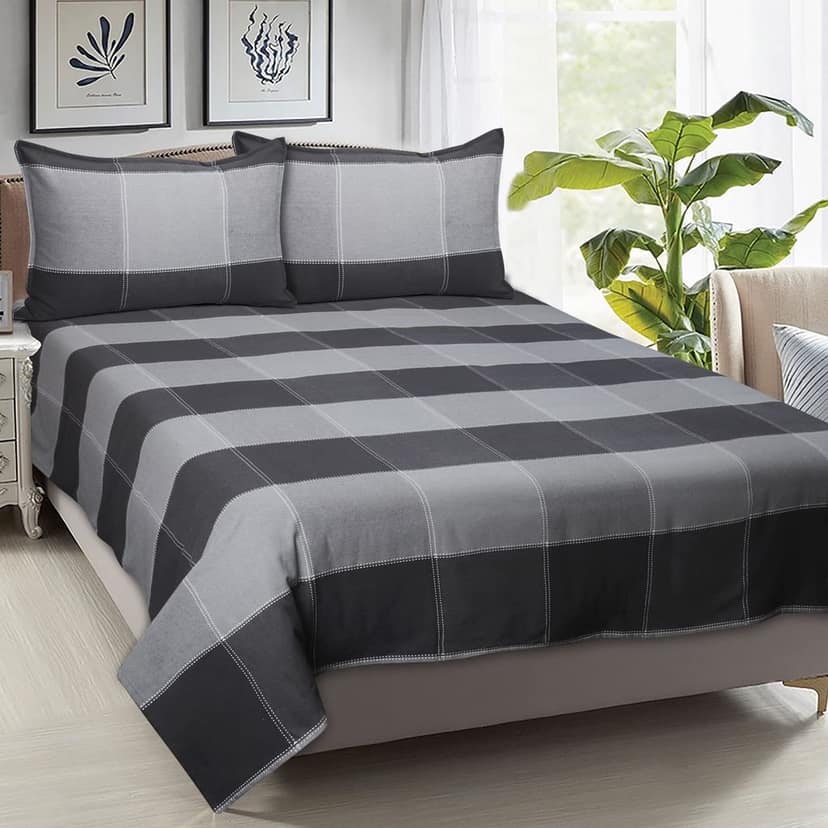 AIRWILL, 200GSM Handloom Cotton Double Bedsheet with 2 Pillow Covers, 4-Way Dobby Checked Designer Weaved Grey Combo - Pack of 3 pcs view 2