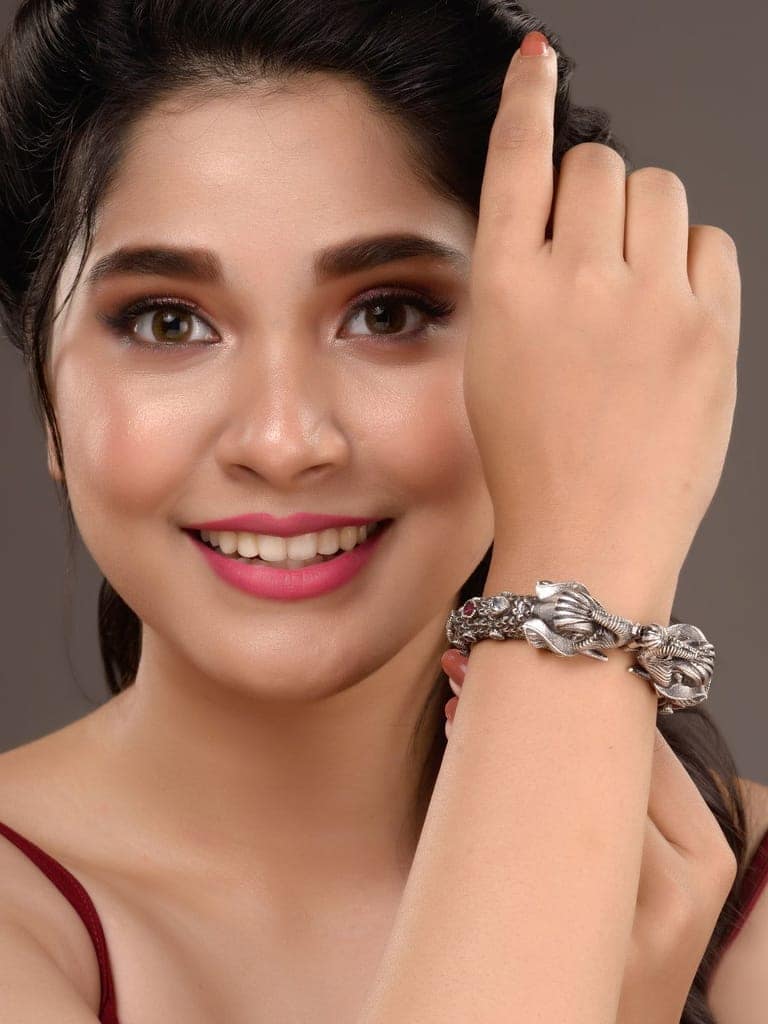 Oxidised Silver Toned Antique Elephant Motif kada Bracelet view 4