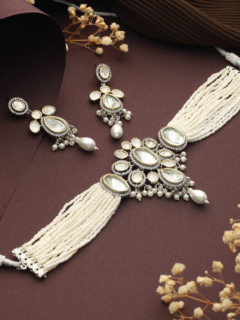 GoldPlated White Uncut Polki & Pearl Beaded Floral Choker Jewellery Set view 2