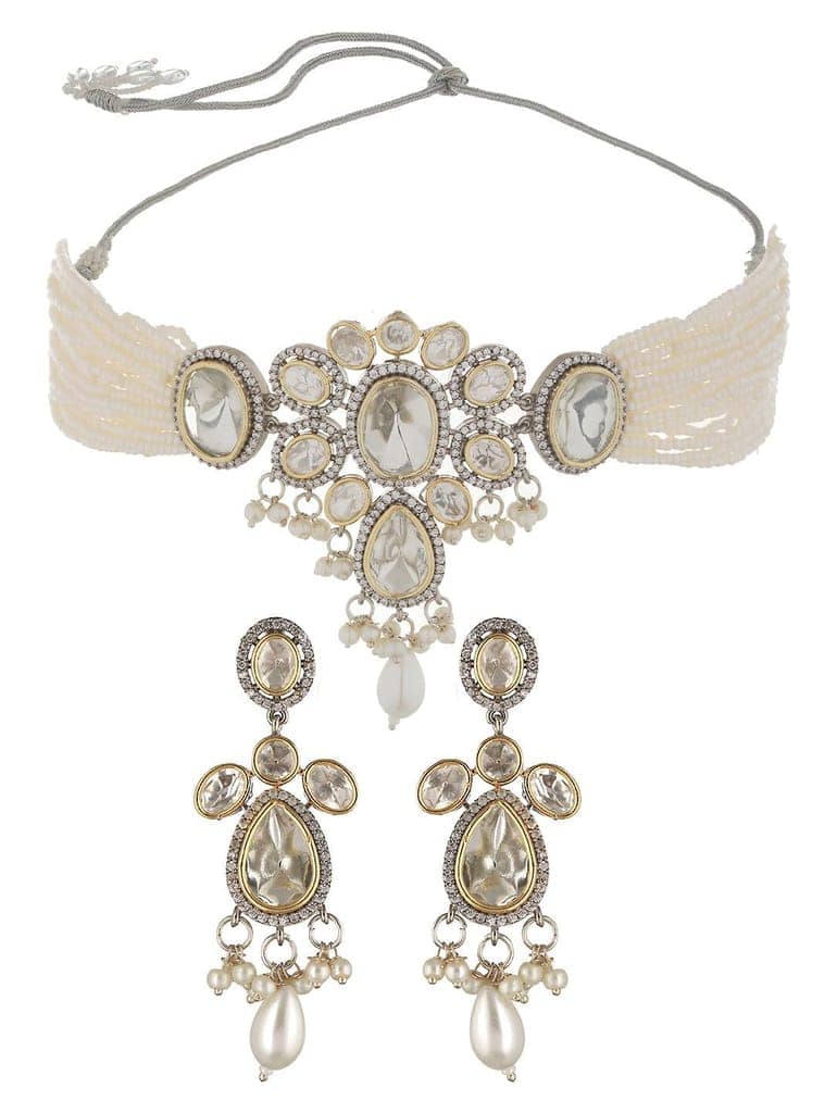 GoldPlated White Uncut Polki & Pearl Beaded Floral Choker Jewellery Set view 3