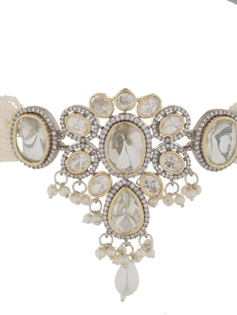 GoldPlated White Uncut Polki & Pearl Beaded Floral Choker Jewellery Set view 7