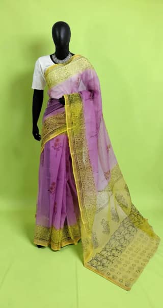 Kota Doria Cotton-Silk Saree, Block Print with Bright Yellow Border