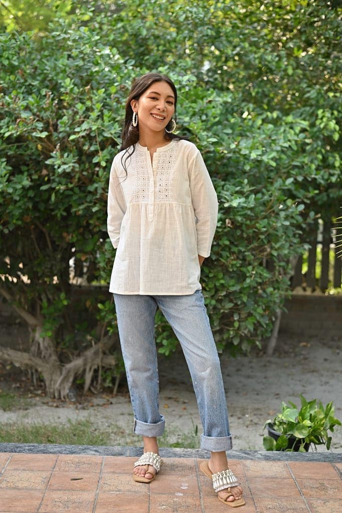 Jasmine Sindhi Hand Embroidered Front Open Cotton Top view 6