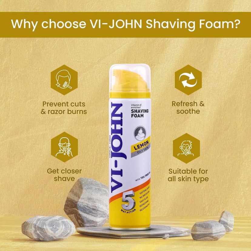 VI- JOHN Shaving Foam For Men, Lemon Shaving Foam With Goodness of Nature, Tea Tree Oil, Vitamin E Enriched and Anti- Bacterial Formula (200gm Each- Pack of 2) view 4