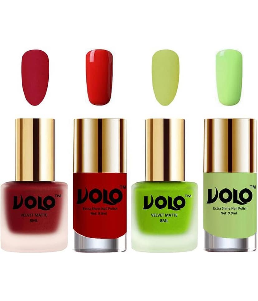 VOLO Extra Shine AND Dull Velvet Matte Nail Polish Red,Green,Orange, Green Matte Pack of 4 36 mL