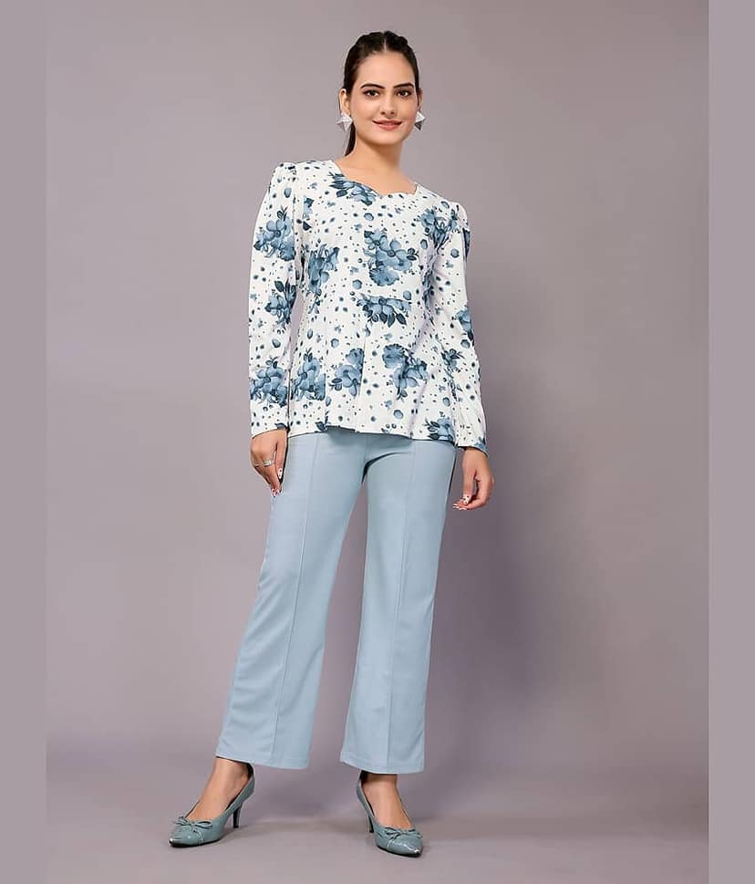 NightBlue Women Printed Top With Trousers Co-Ord Set ( Blue )