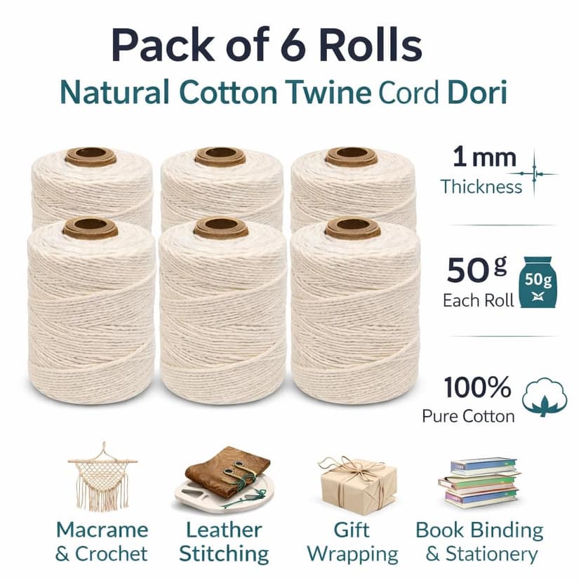 Cotton Twine String Roll – Pack of 6 Spools (1 mm, 50 Grams Each) | Natural Cotton Twine Cord Dori for Macrame, Crochet, Knitting, Leather Stitching & Stationery Use | Off White view 2