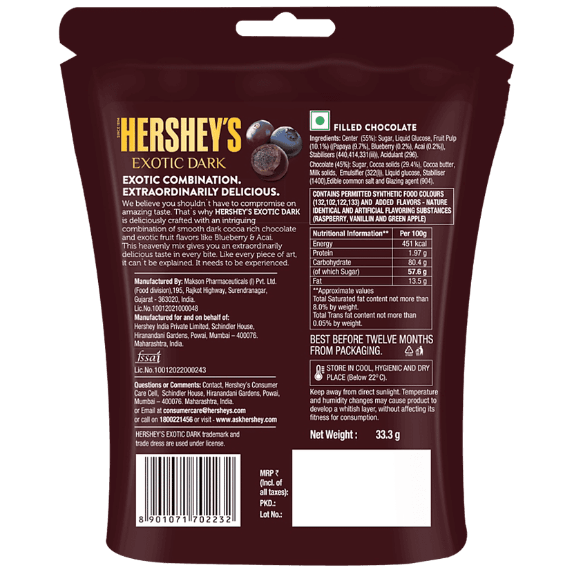 Hersheys Exotic Dark Flavored Center Chocolate - Blueberry & Acai, 33.3 G view 2