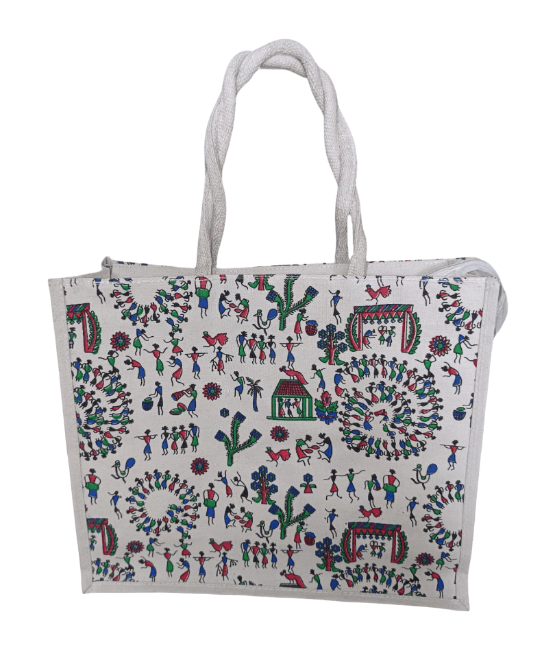 Warli Art Jute Tote Bag - Eco-Friendly & Hand-Painted