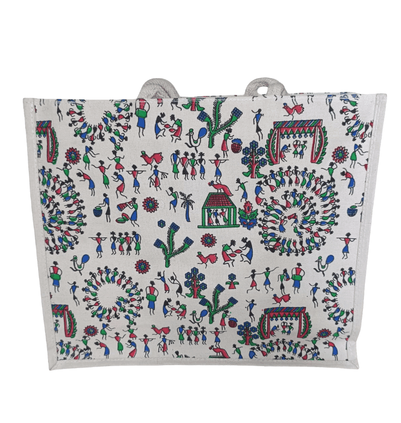 Warli Art Jute Tote Bag - Eco-Friendly & Hand-Painted view 3