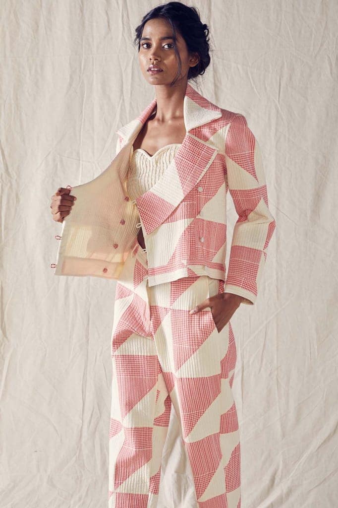 Quilted Pant And Jacket Co-Ord In Red And Off White Checks Cotton Khadi Mulmul view 3