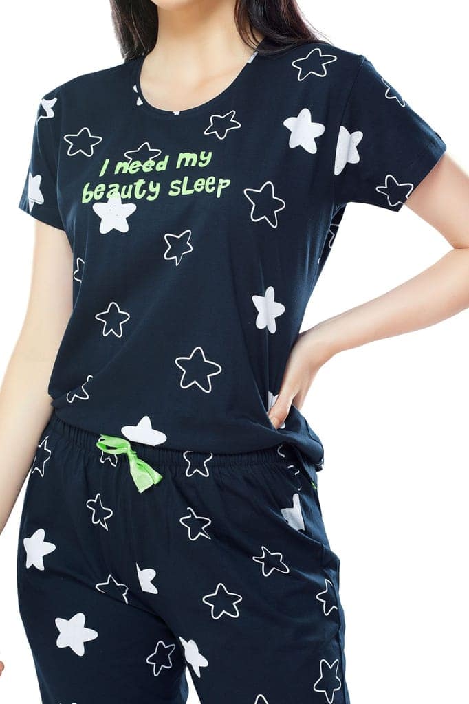 ZEYO Women's Cotton Green Star Printed Stylish Night suit set view 2