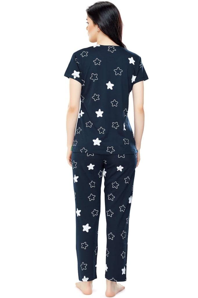 ZEYO Women's Cotton Green Star Printed Stylish Night suit set view 3