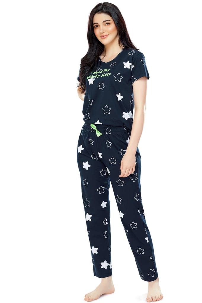 ZEYO Women's Cotton Green Star Printed Stylish Night suit set view 4