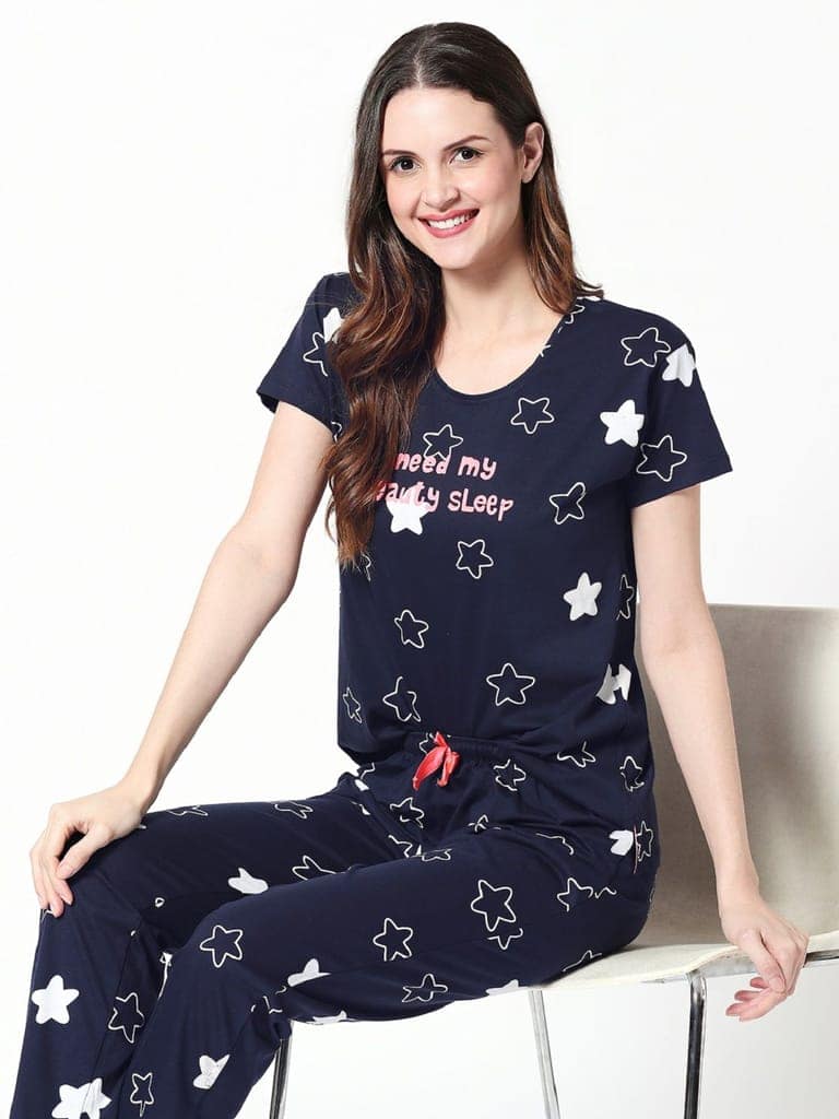 ZEYO Women's Cotton Green Star Printed Stylish Night suit set view 6