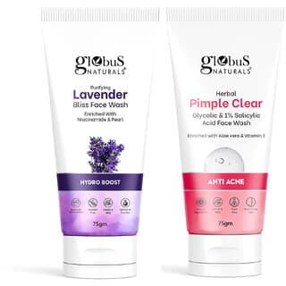 Globus Naturals Face Wash Combo- Hydro Boost Lavender & Anti Acne Glycolic, Face Wash, Set of 2, 75gm