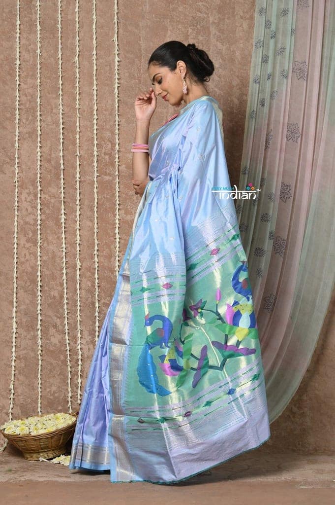 Tyohaar ~ Handloom Pure Silk Paithani Saree with Traditional Peacock Pallu ~ Spruce Blue view 3