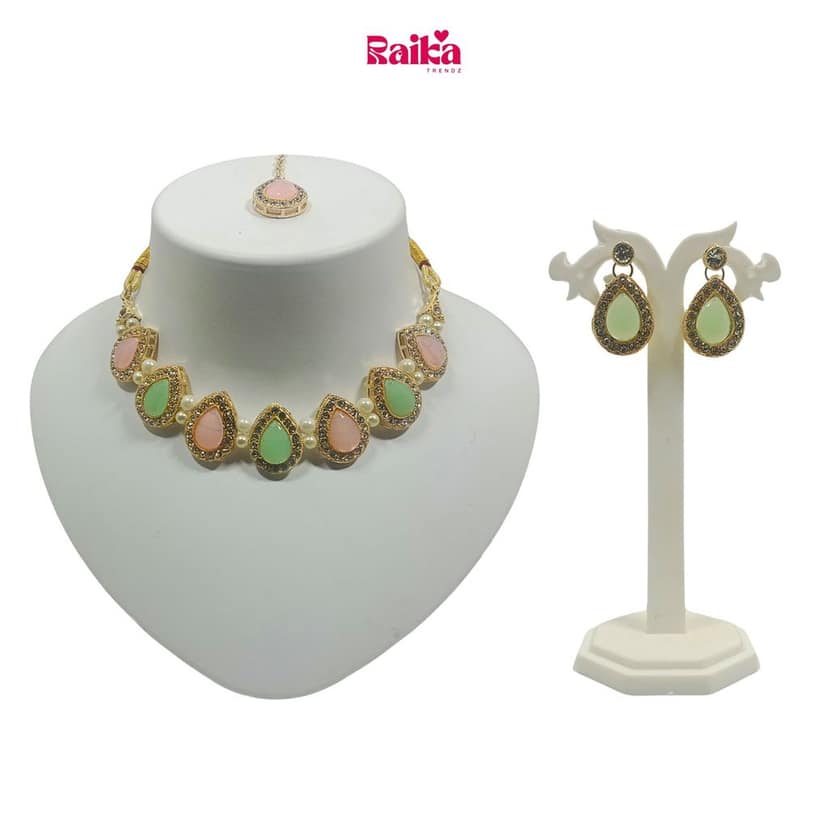 RAIKA - Luxury Handcrafted Gold Plated Necklace Jewellery Set with Earrings And Mangtika Suited for Party Wedding Festive for Women