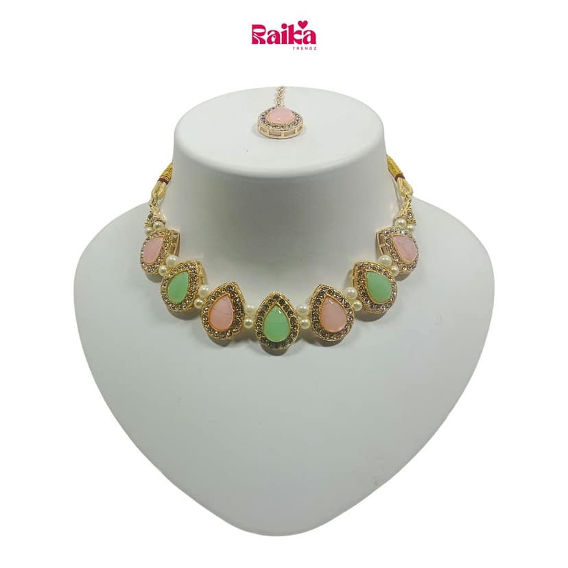 RAIKA - Luxury Handcrafted Gold Plated Necklace Jewellery Set with Earrings And Mangtika Suited for Party Wedding Festive for Women view 2