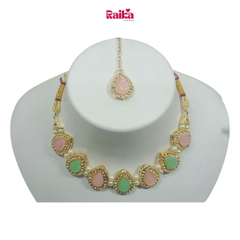 RAIKA - Luxury Handcrafted Gold Plated Necklace Jewellery Set with Earrings And Mangtika Suited for Party Wedding Festive for Women view 3