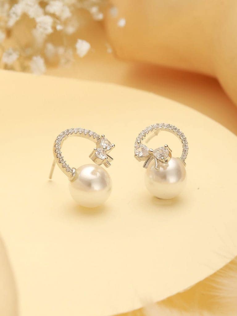 White Rhodium Plated AD Studded Minimal Bow Dailywear Studds Earrings view 3