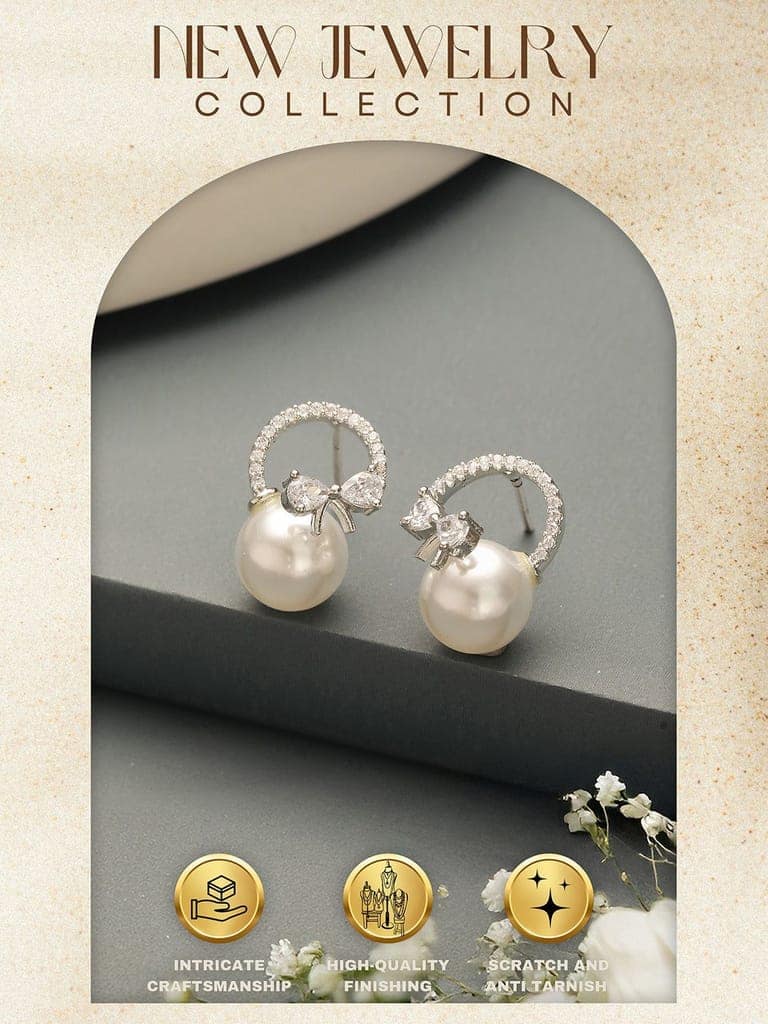White Rhodium Plated AD Studded Minimal Bow Dailywear Studds Earrings view 5