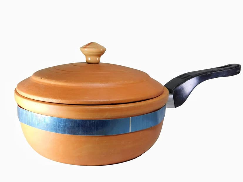 KSI Terracotta Clay Frypan with Lid and Clay Tawa with Wooden Palta Spatula Combo for Kitchen view 2
