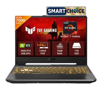 ASUS TUF A15 (2025),Smartchoice, AMD Ryzen 7 7445HS,Gaming Laptop,RTX 3050-4GB,75W TGP,16GB RAM (Upgradeable Upto 64GB) 1TB SSD,FHD,15.6",144Hz,M365 Basic(1Y),Office 2024,Black,2.3 Kg,FA506NCG-HN251WS ASUS TUF A15 (2025),Smartchoice, AMD Ryzen 7 7445HS,G